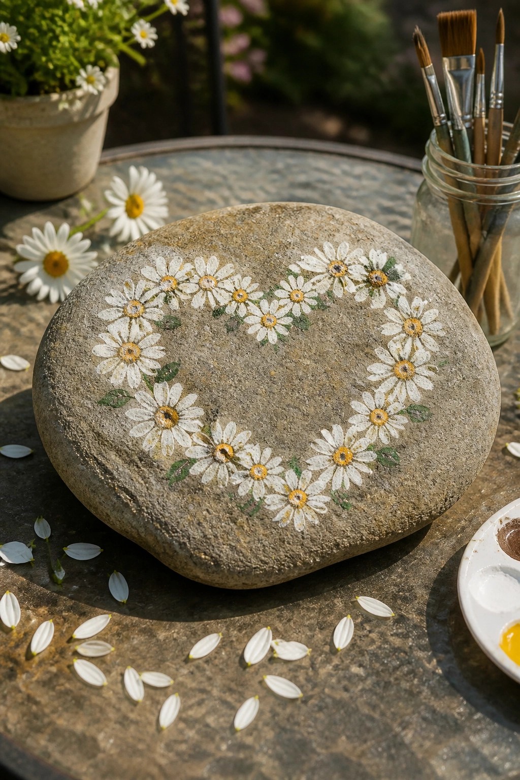 Painted stone with heart-shaped daisy chain amid brushes, petals, and palette.