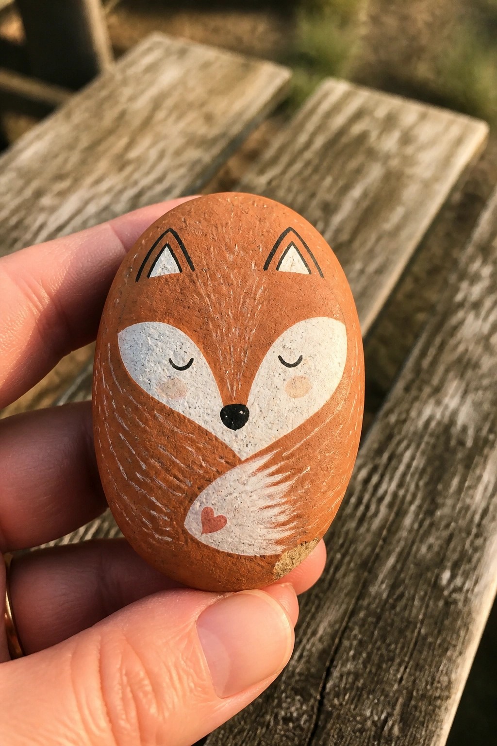 Hand holding a brown painted rock with fox face, closed eyes, and heart tail.