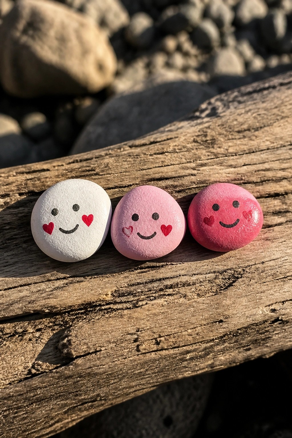Three painted rocks with smiling faces and red hearts on weathered driftwood