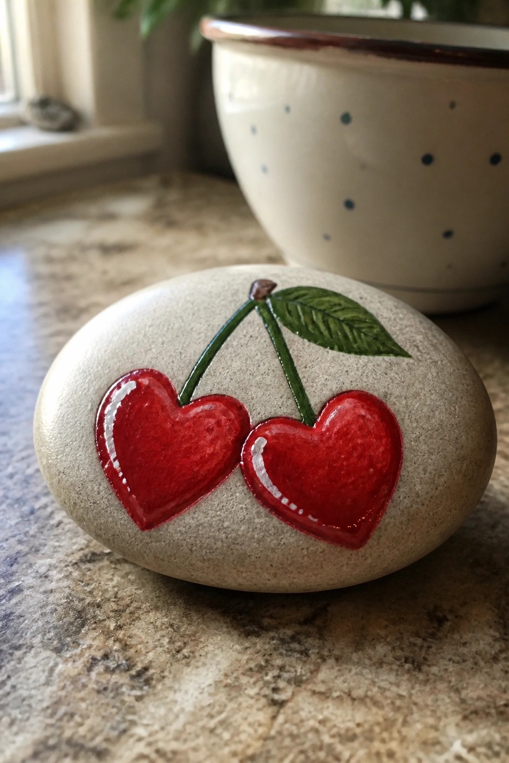 Smooth stone painted with two red heart cherries, green stems and leaf on counter