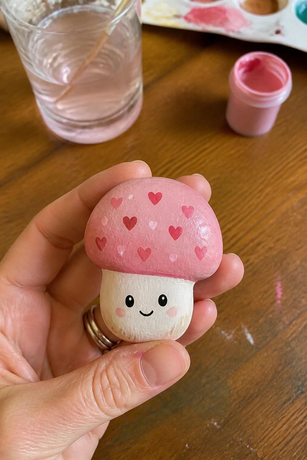 Hand holding pink mushroom painted rock with hearts and kawaii face