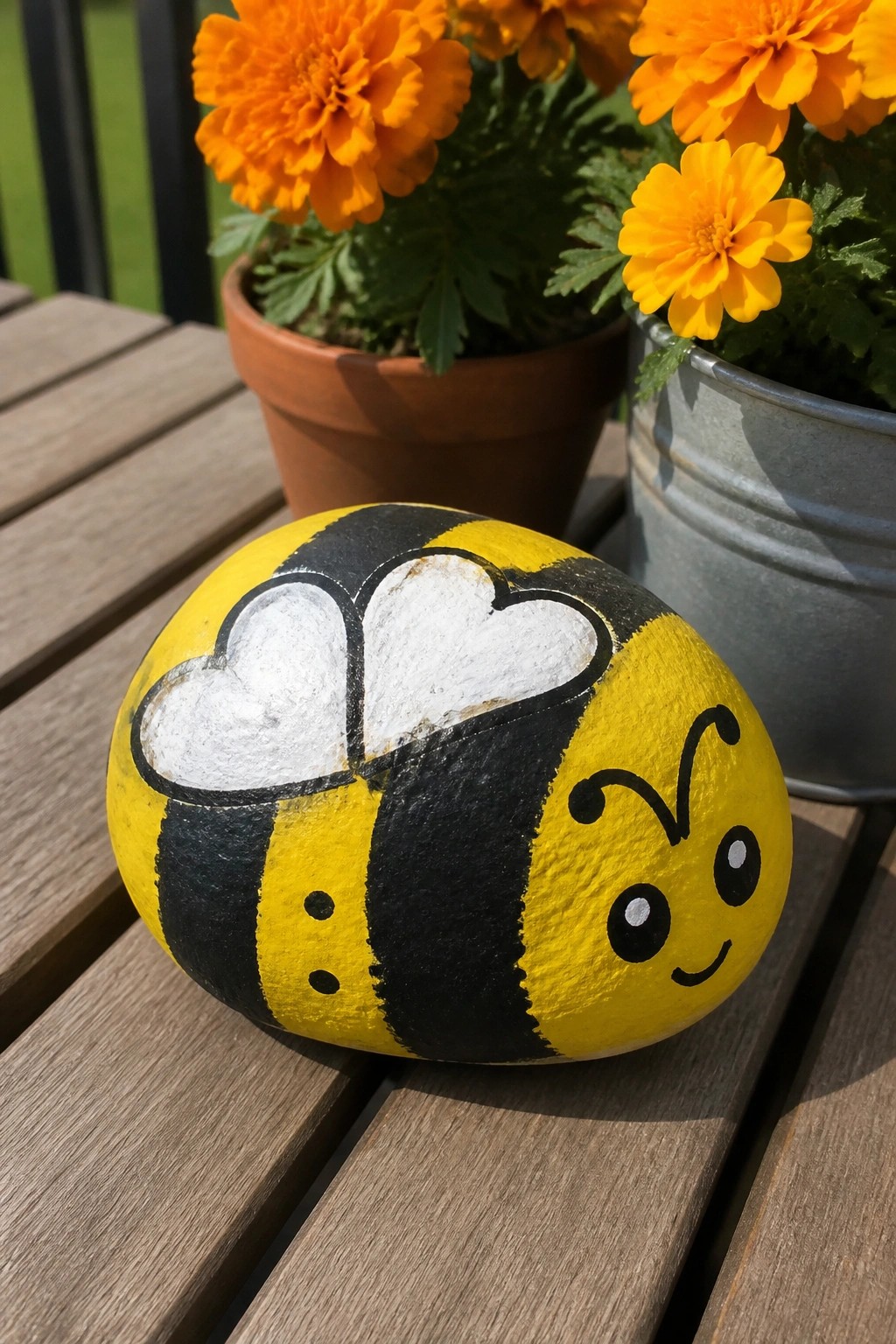 Bumblebee painted rock with yellow black stripes heart wings smiling face beside orange flowers
