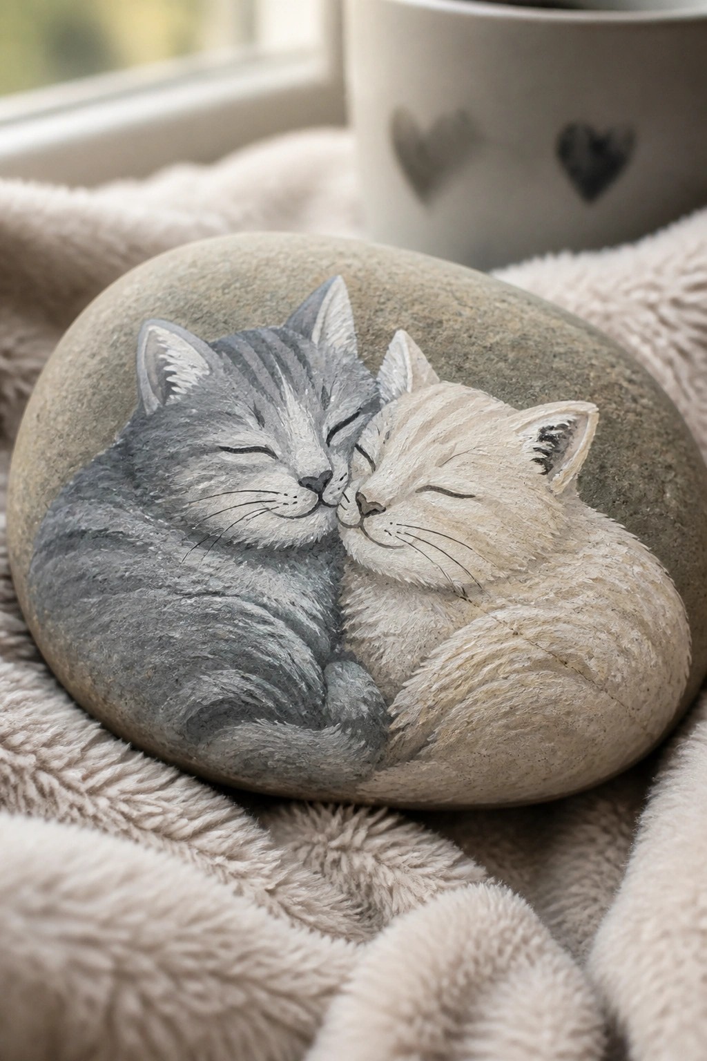 Painted stone shows two cuddling cats on fluffy blanket near heart mug.