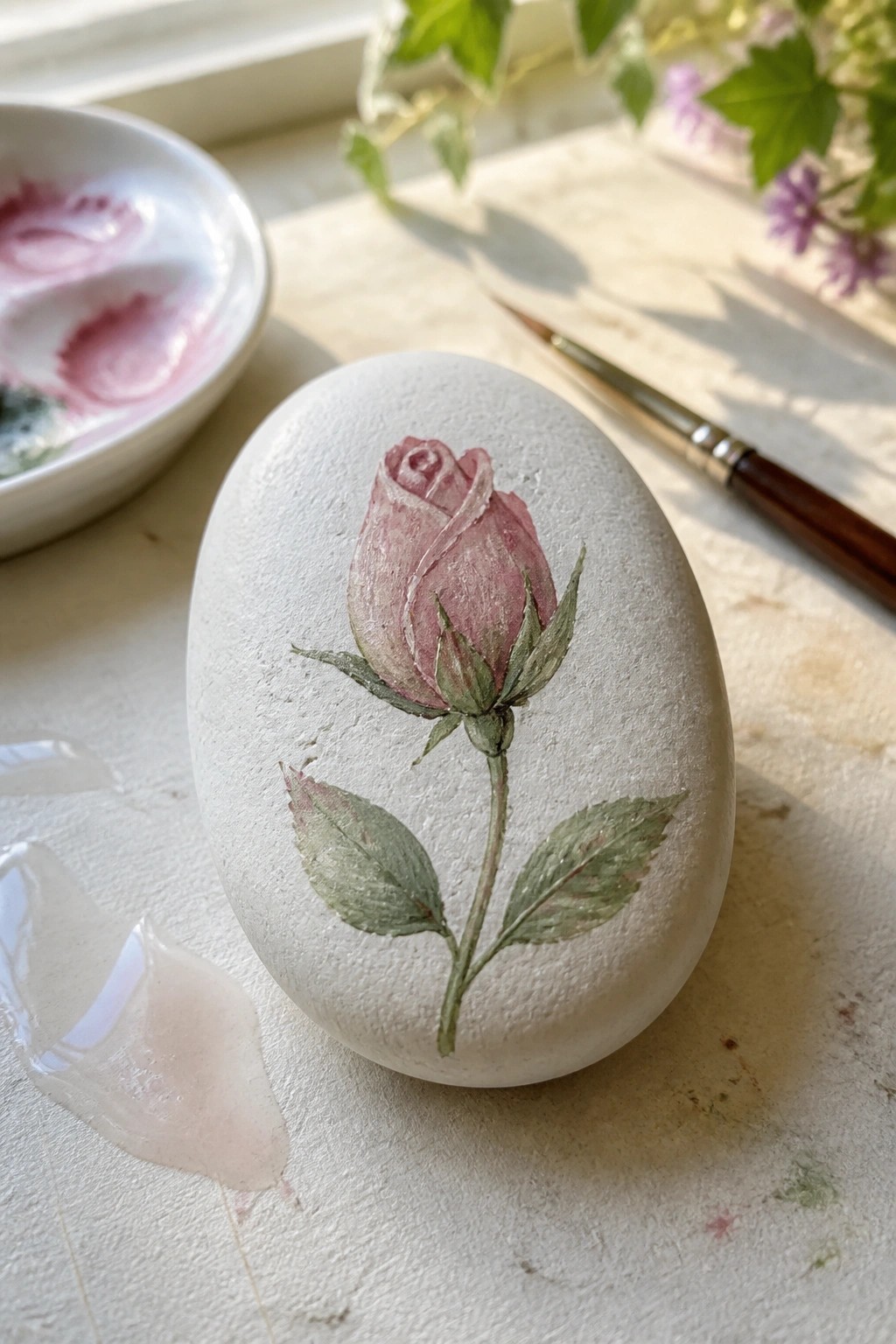 Painted white stone with pink rosebud, green stem, leaves, and art supplies nearby.