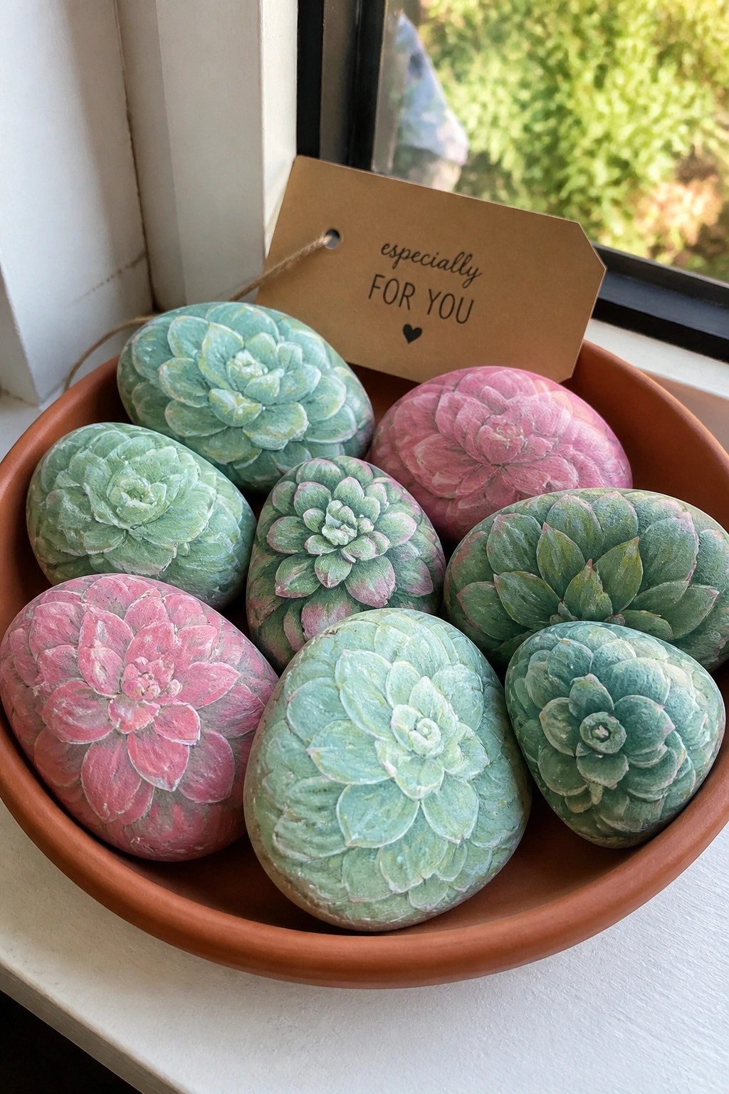 Green and pink succulent-painted rocks in terracotta bowl with gift tag.