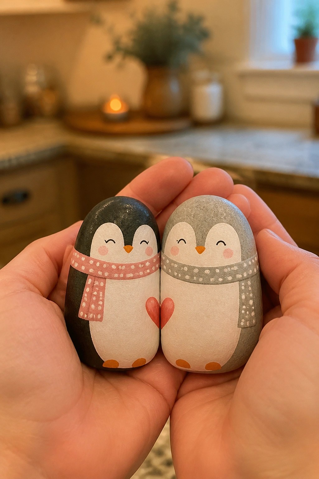 Hands holding two painted penguin rocks with scarves and a shared heart