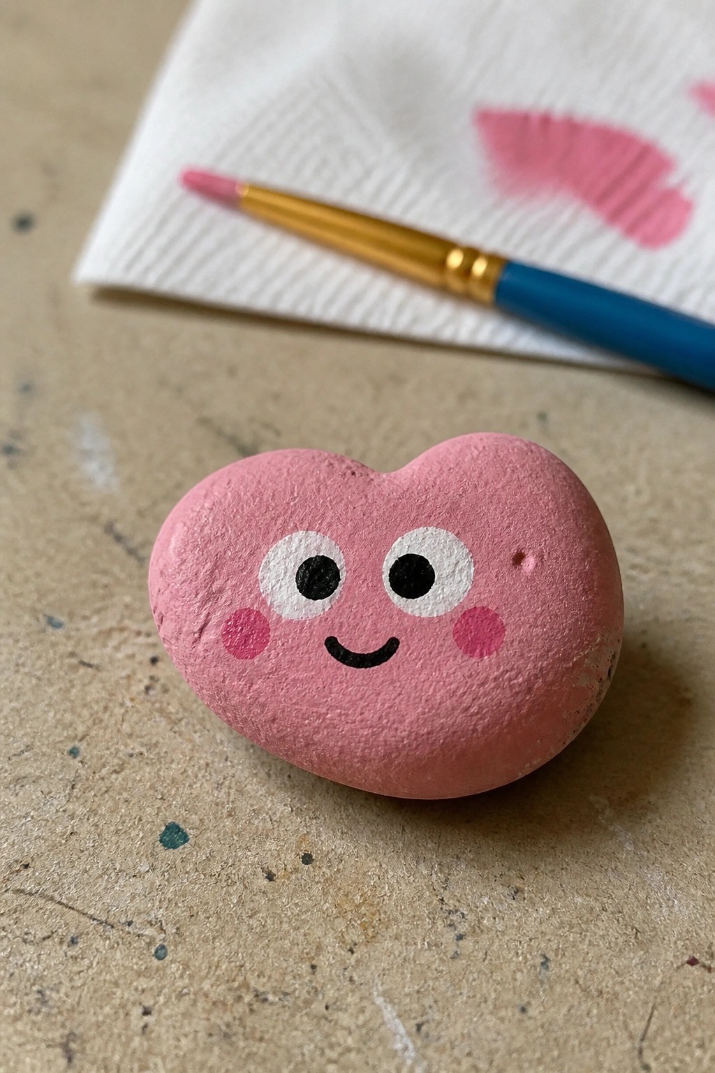 Pink heart-shaped painted rock with cute face beside paintbrush and towel