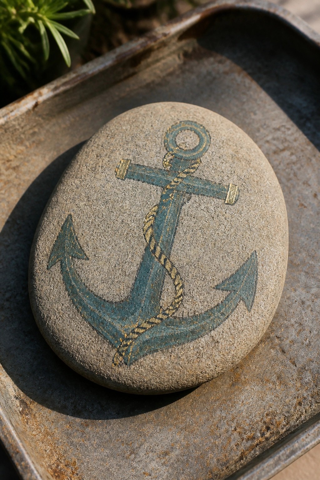 Smooth gray stone with teal anchor and gold rope on rusty metal tray.