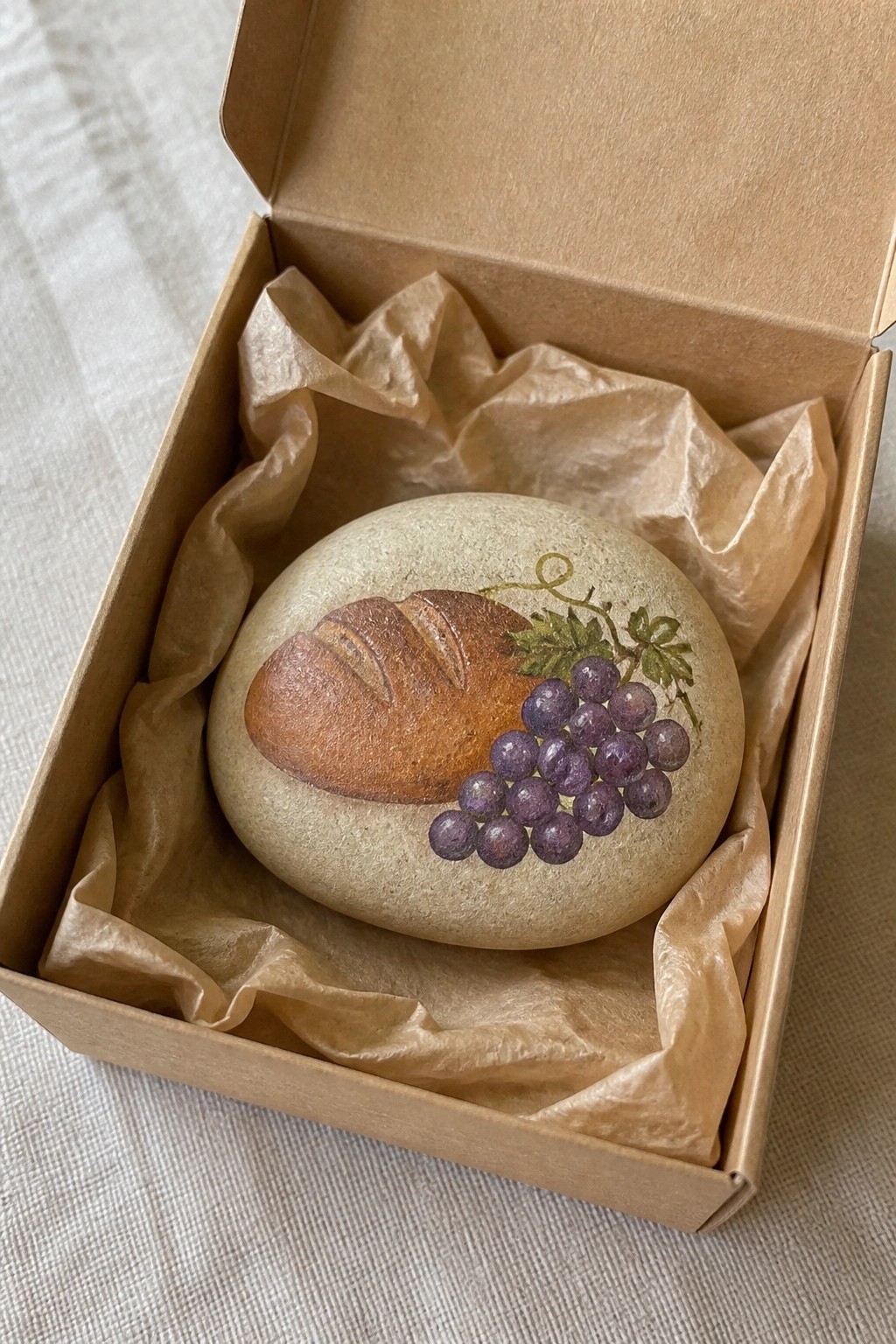 Round stone painted with bread loaf and grapes in open cardboard box on brown paper.