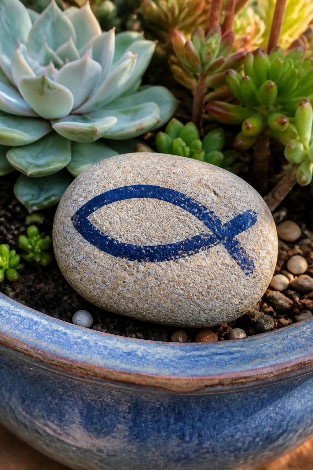 Gray stone with blue fish symbol in blue pot amid succulents