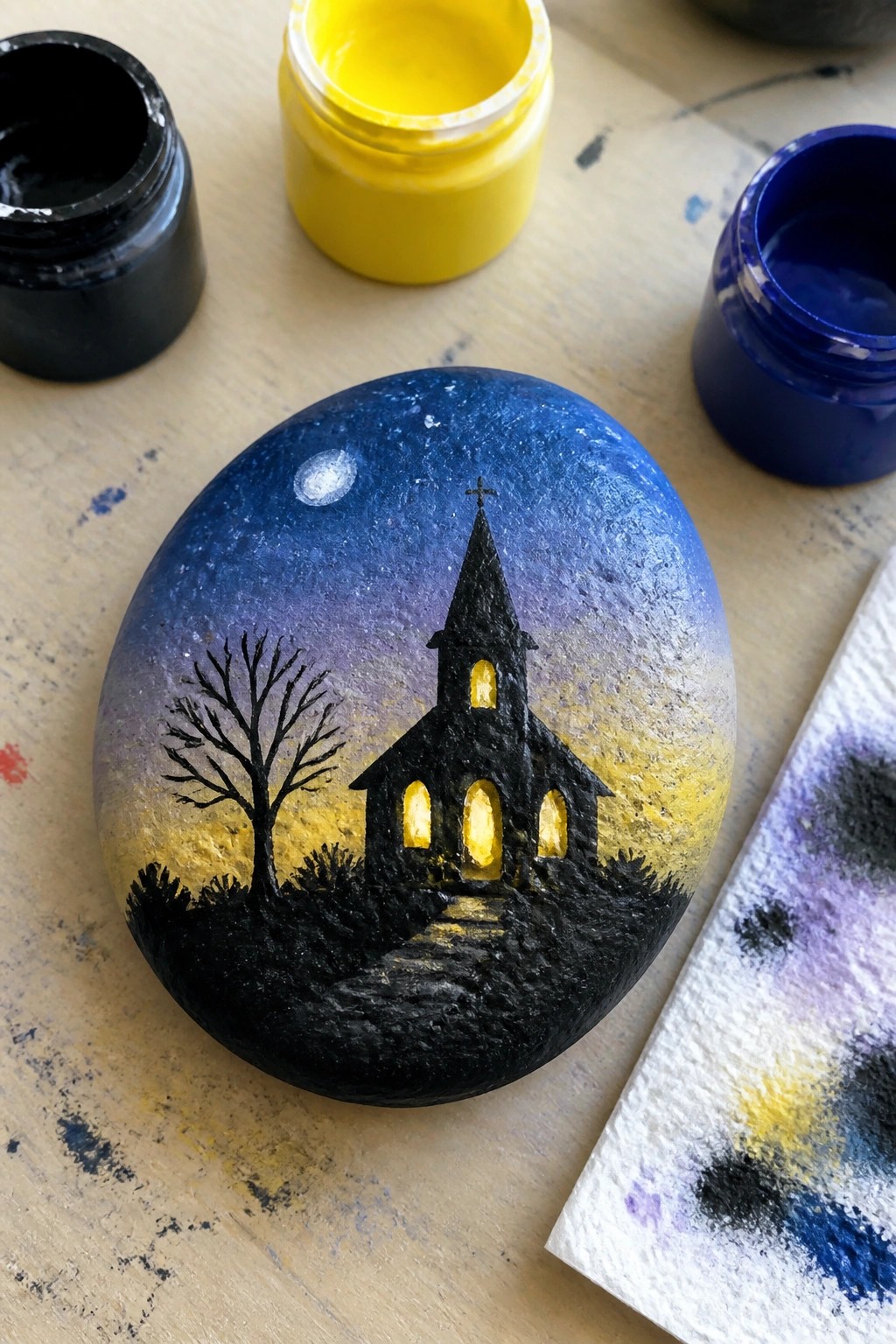 Painted rock with silhouetted church, glowing windows, bare tree, and starry night sky amid paint jars.
