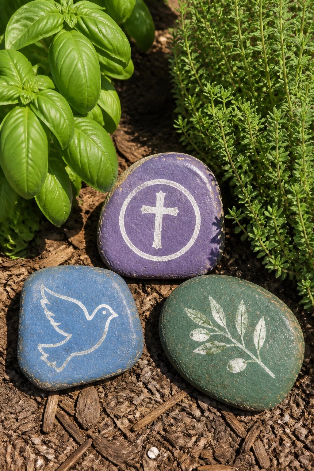 Three painted rocks with cross, dove, and olive branch amid green garden plants