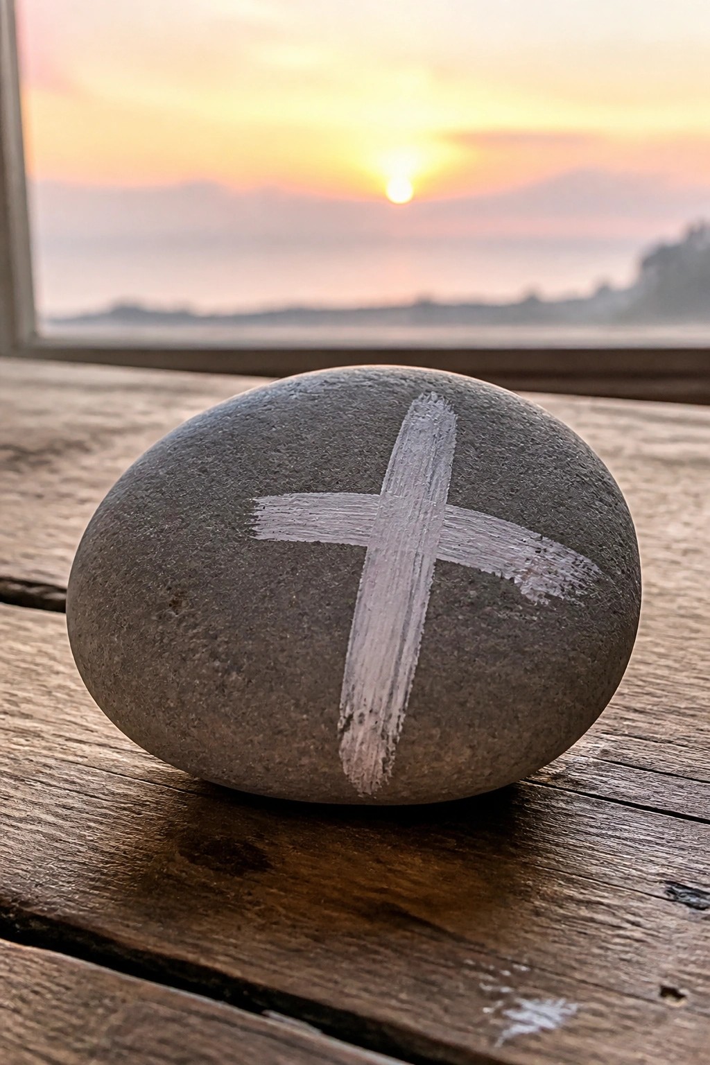 Gray stone with white cross on wooden surface against ocean sunset view