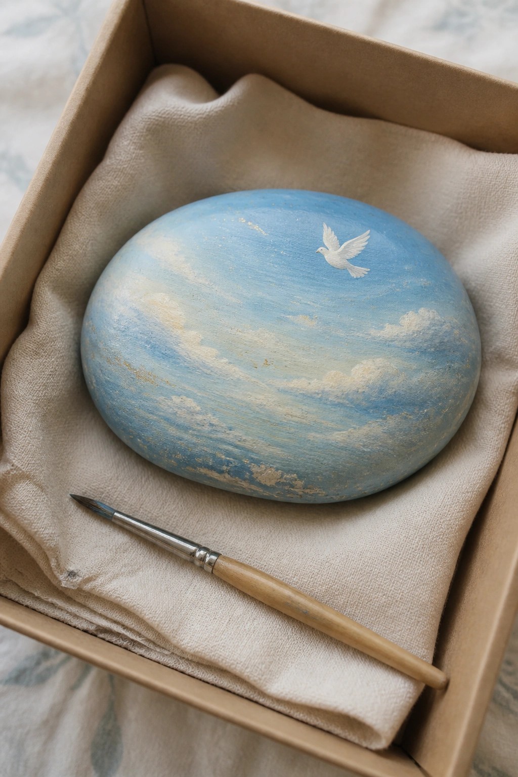 Painted blue stone with clouds and white dove beside paintbrush in box