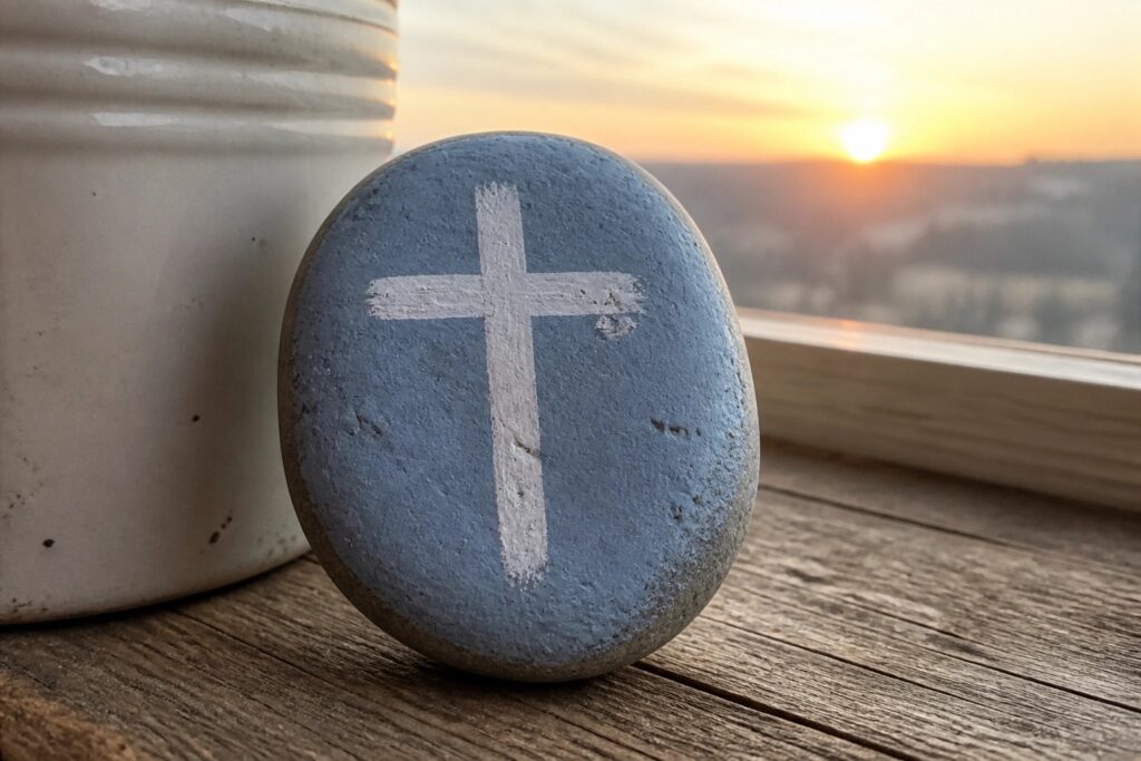 Gray stone with white cross on wooden surface against ocean sunset view