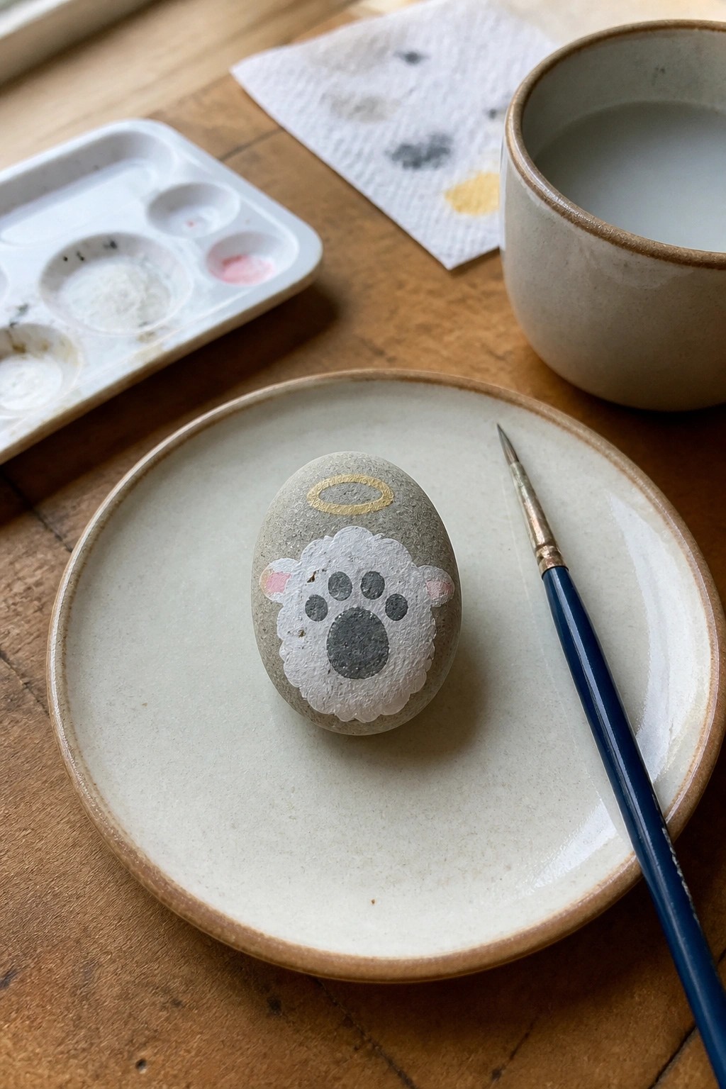 Painted stone sheep with halo on plate beside paintbrush, palette and water cup