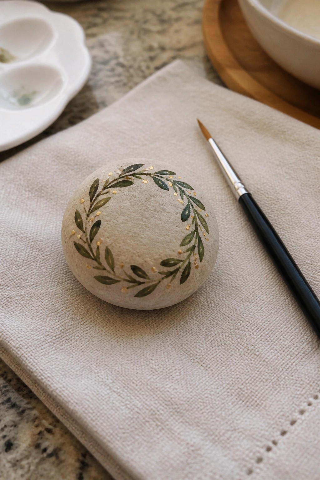 Painted stone with green leafy wreath and gold dots beside paintbrush on linen cloth