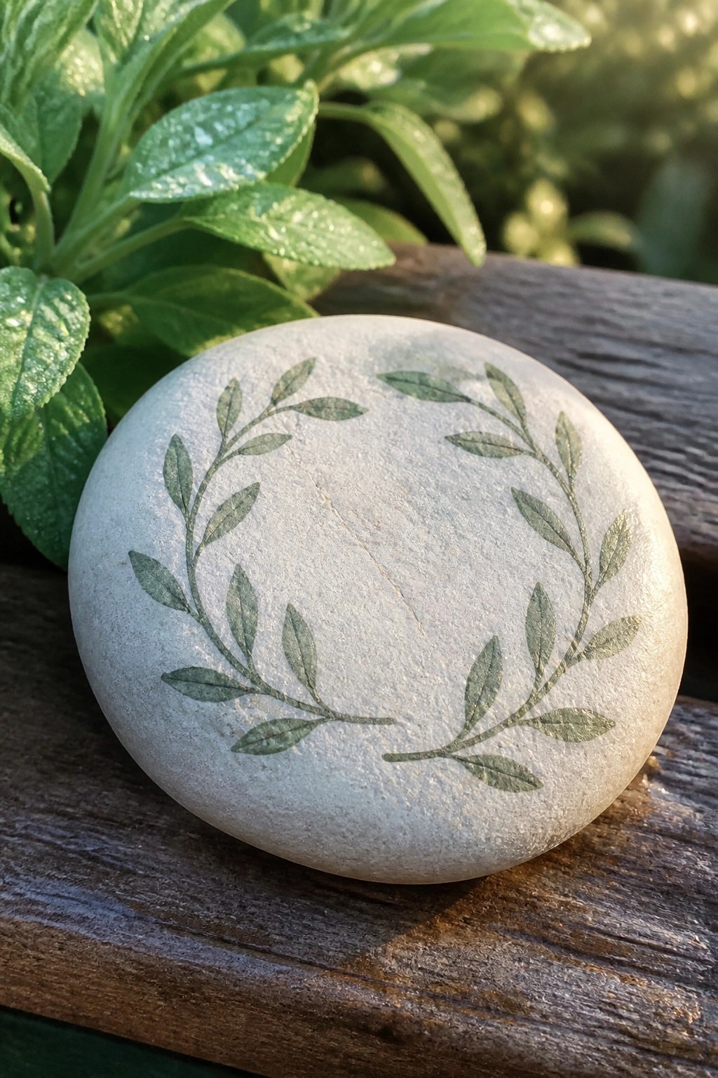 Gray stone with green leafy wreath design on dark wooden surface