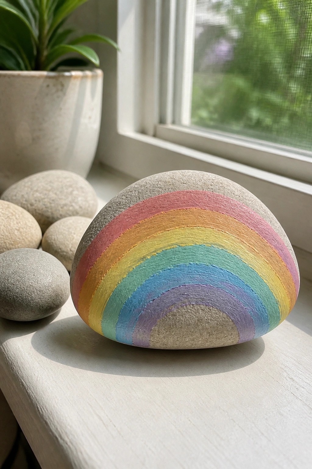 Rainbow-painted rock on white windowsill beside plain stones and potted plant