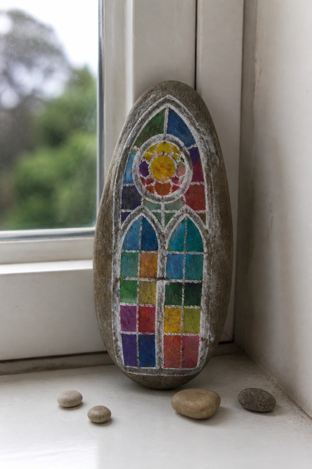 Stone painted as colorful stained glass window on windowsill with scattered pebbles
