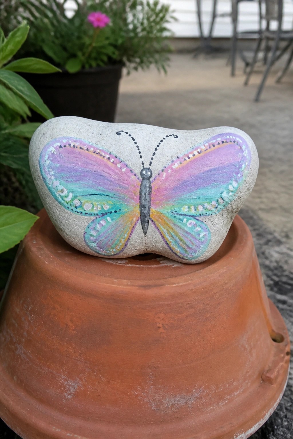 Colorful butterfly painted on gray stone atop orange terracotta pot outdoors