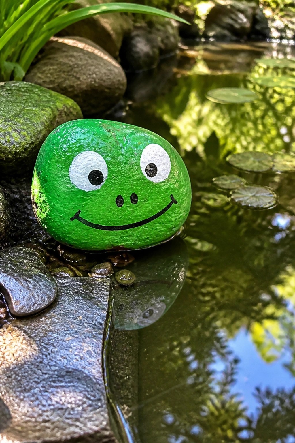 Green painted rock frog with wide eyes smiling by a pond with lily pads
