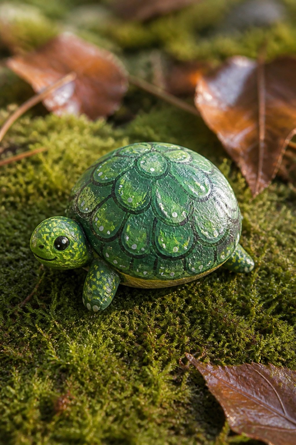 Green painted turtle figurine on mossy ground with brown leaves