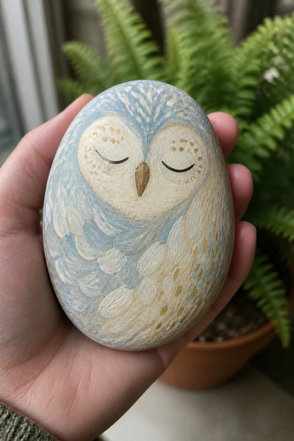 Hand holding oval rock painted as blue owl with closed eyes and gold dots