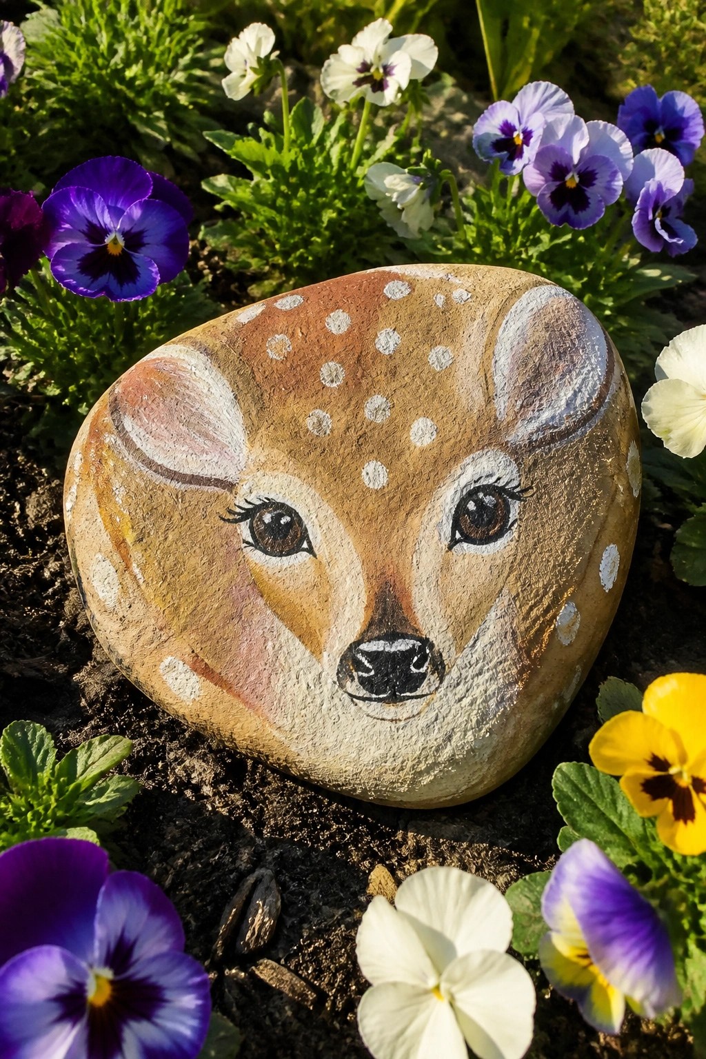 Painted rock with fawn face amid purple, white, and yellow pansies.