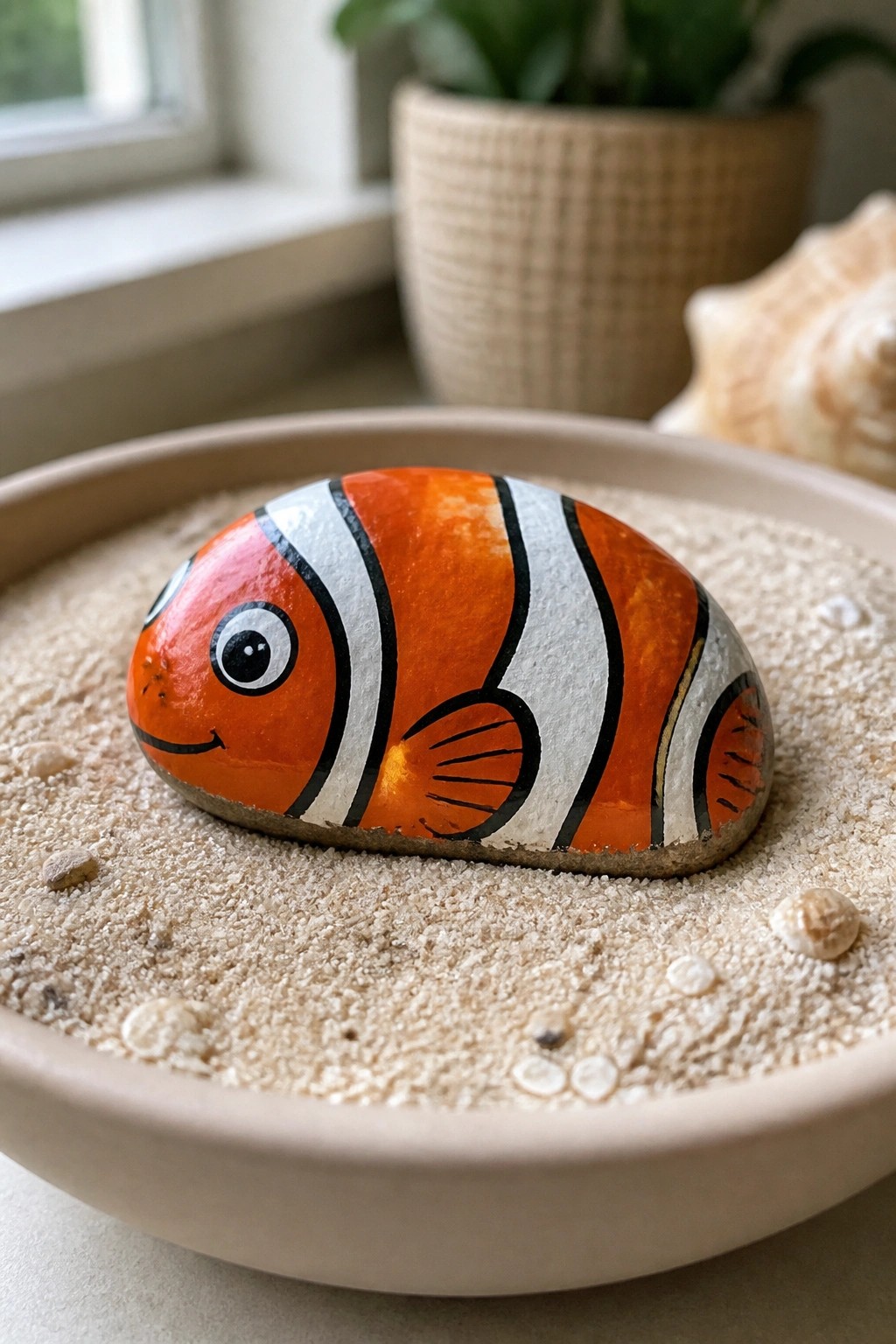 Orange and white clownfish painted on rock in sandy bowl