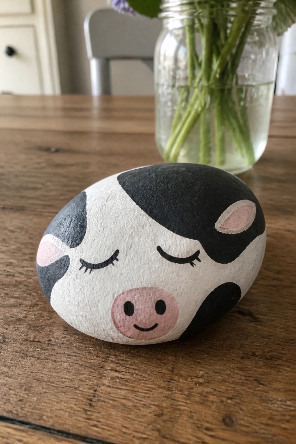 Black and white cow painted rock with closed eyes on wooden table