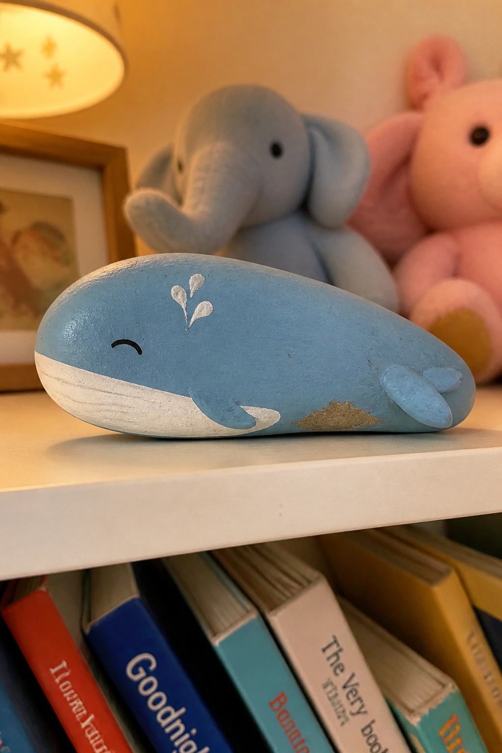 Blue whale painted rock on shelf above books with stuffed elephant behind.