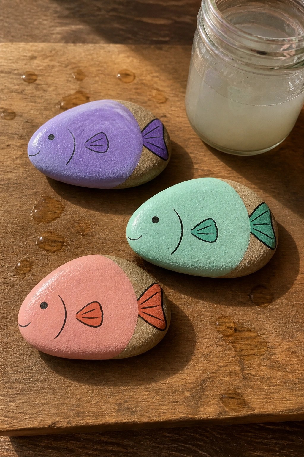 Three painted fish rocks in purple, teal, and pink beside a glass jar on wood.