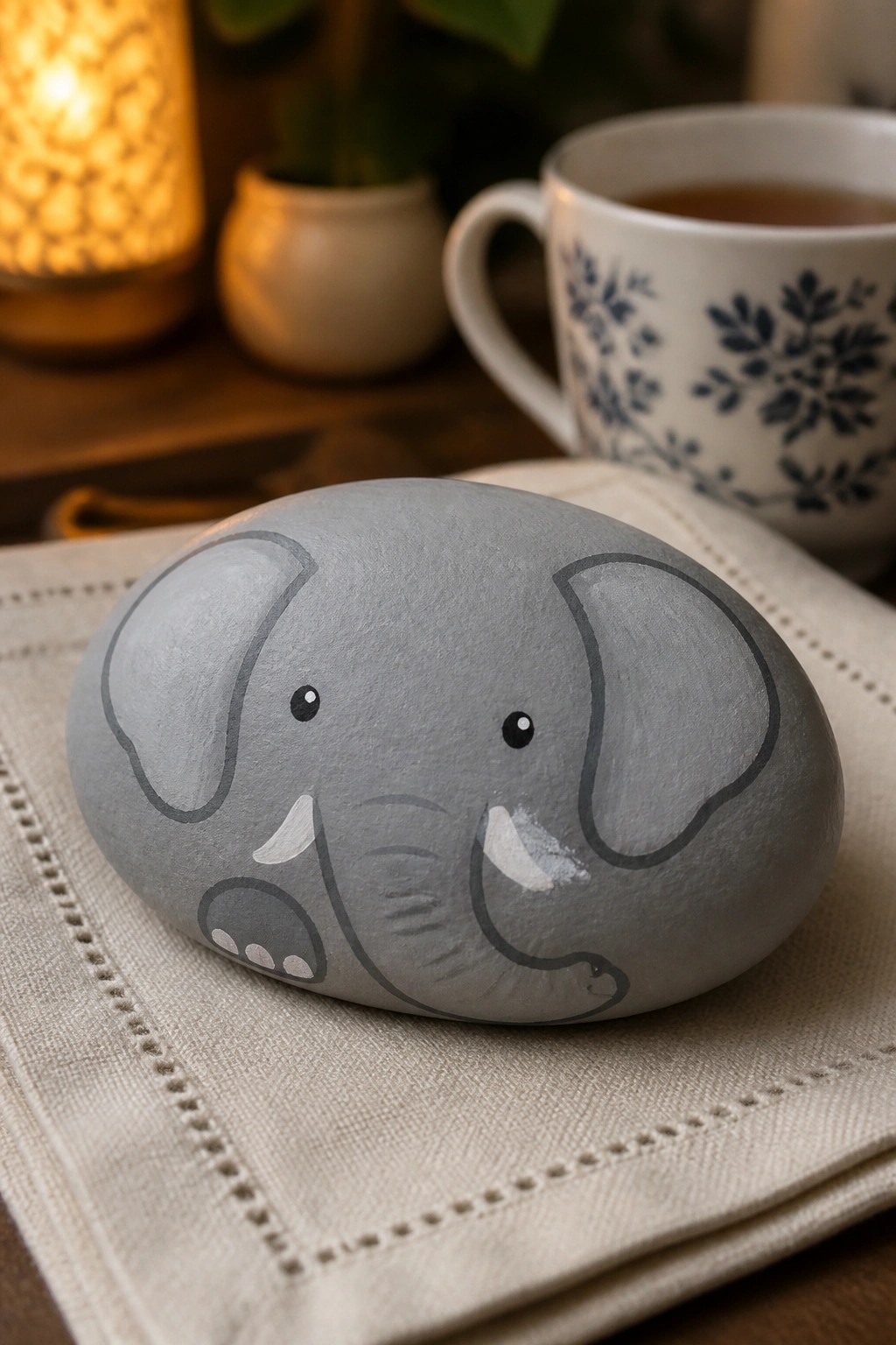 Gray elephant rock painted on beige napkin beside floral teacup and lamp