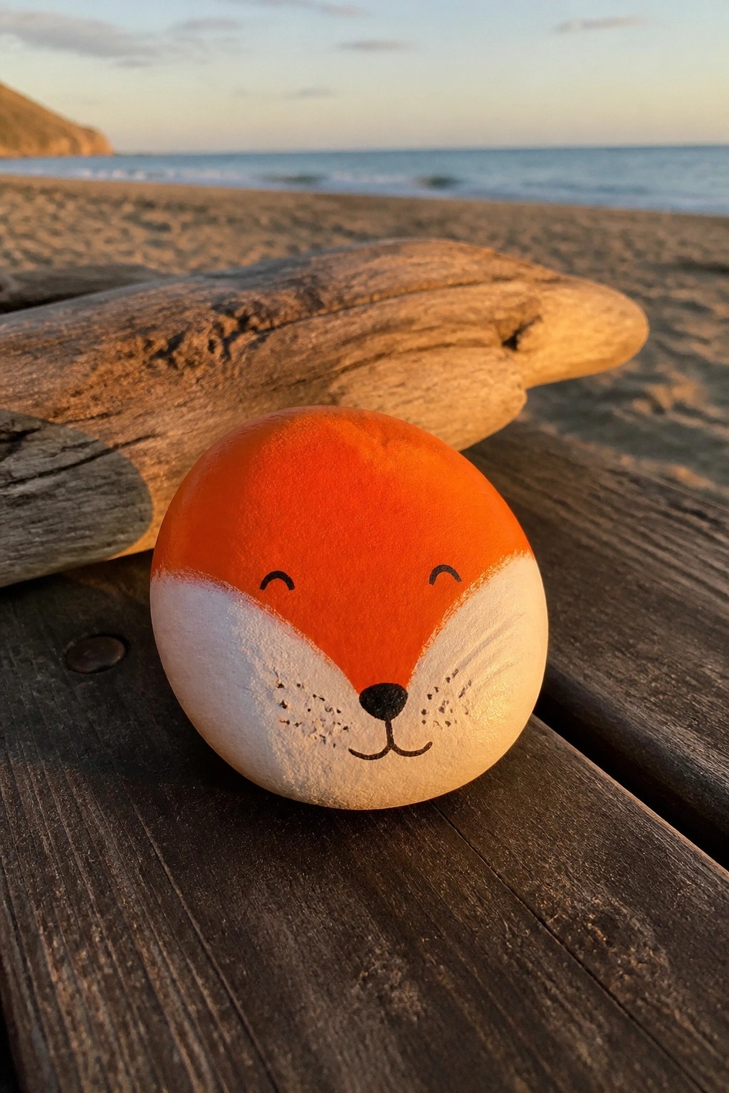 Painted orange fox-faced rock on driftwood overlooking beach and ocean at sunset