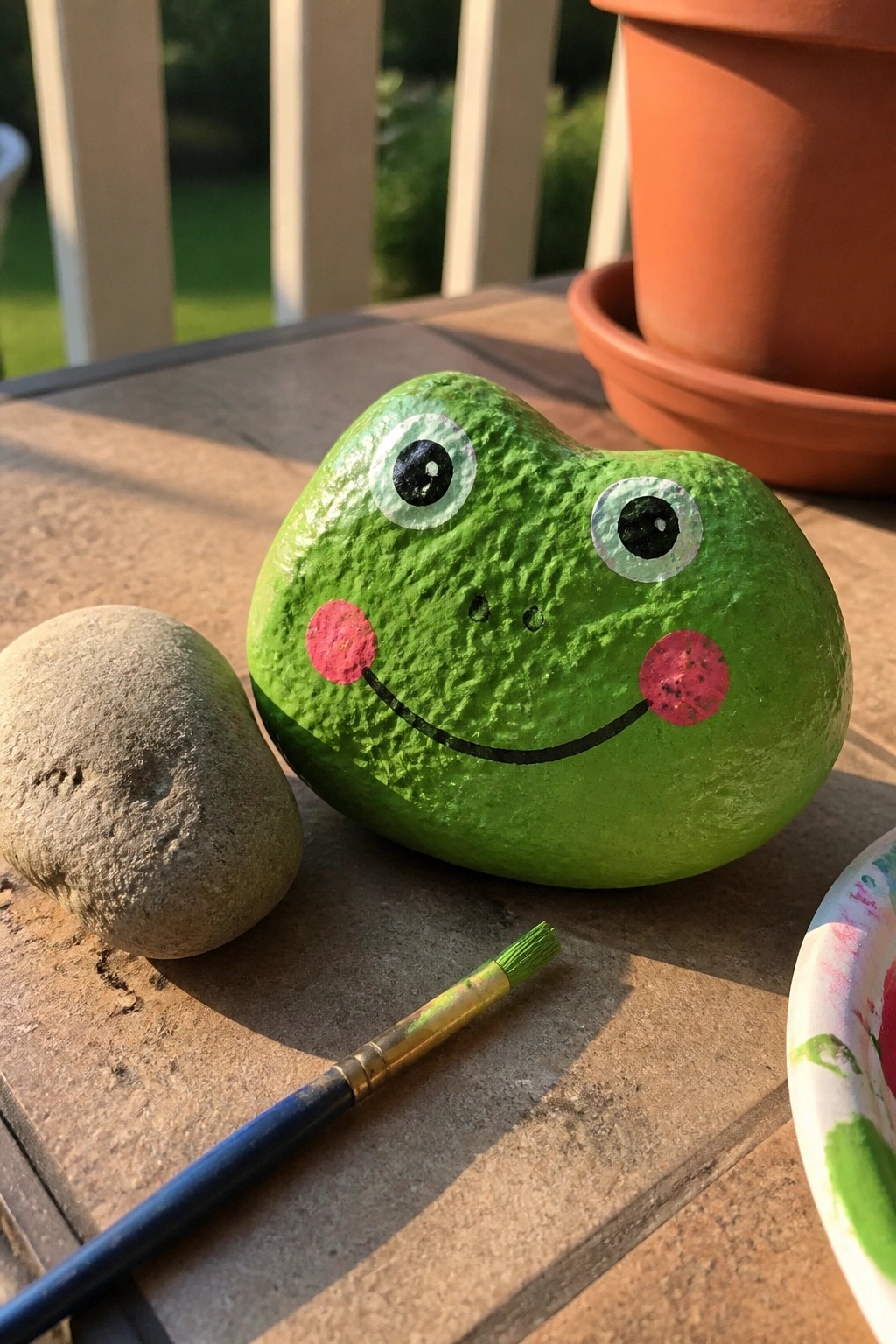 Painted green frog rock with pink cheeks beside gray stone, brush, and palette on table.