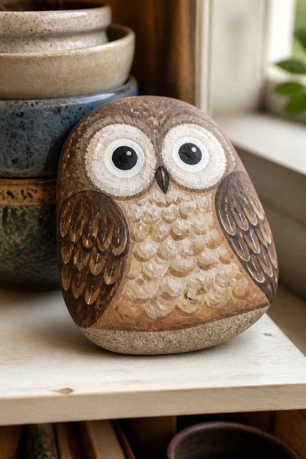 Painted stone owl with large eyes on wooden shelf near stacked ceramic bowls