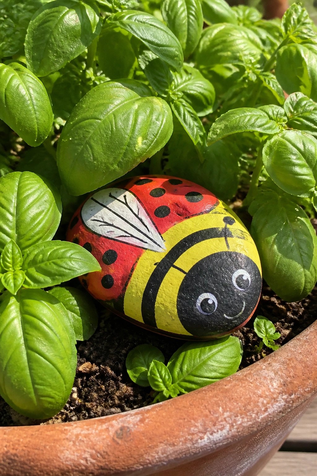 Painted ladybug rock with red spots and yellow stripes amid green basil leaves