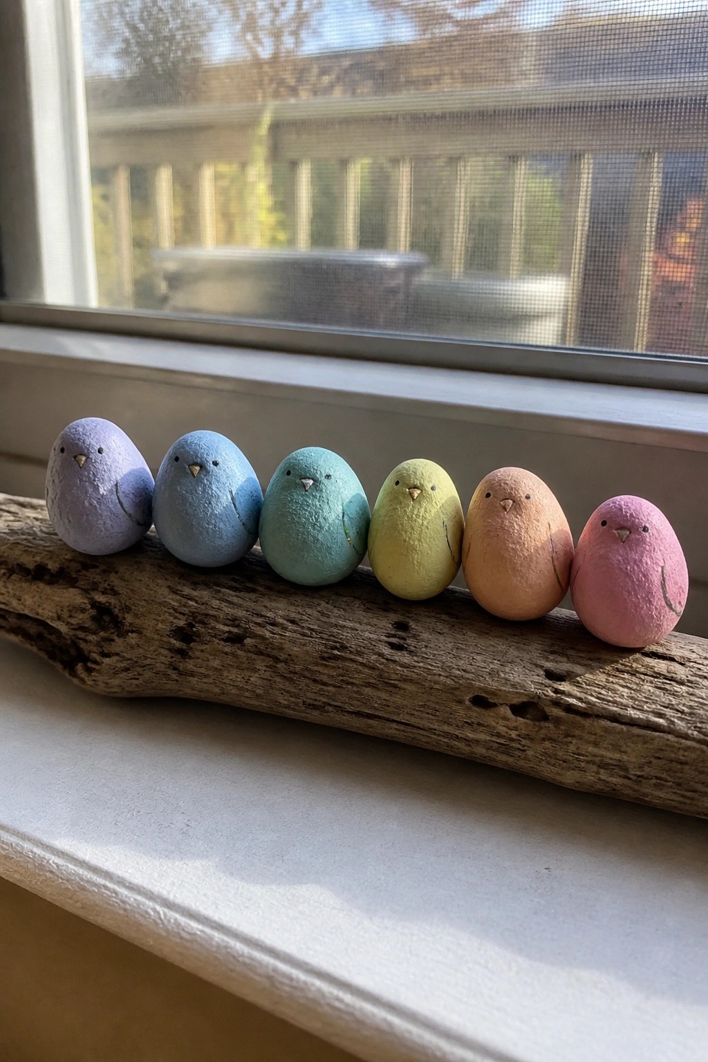 Six pastel bird-shaped eggs lined up on driftwood by a window.