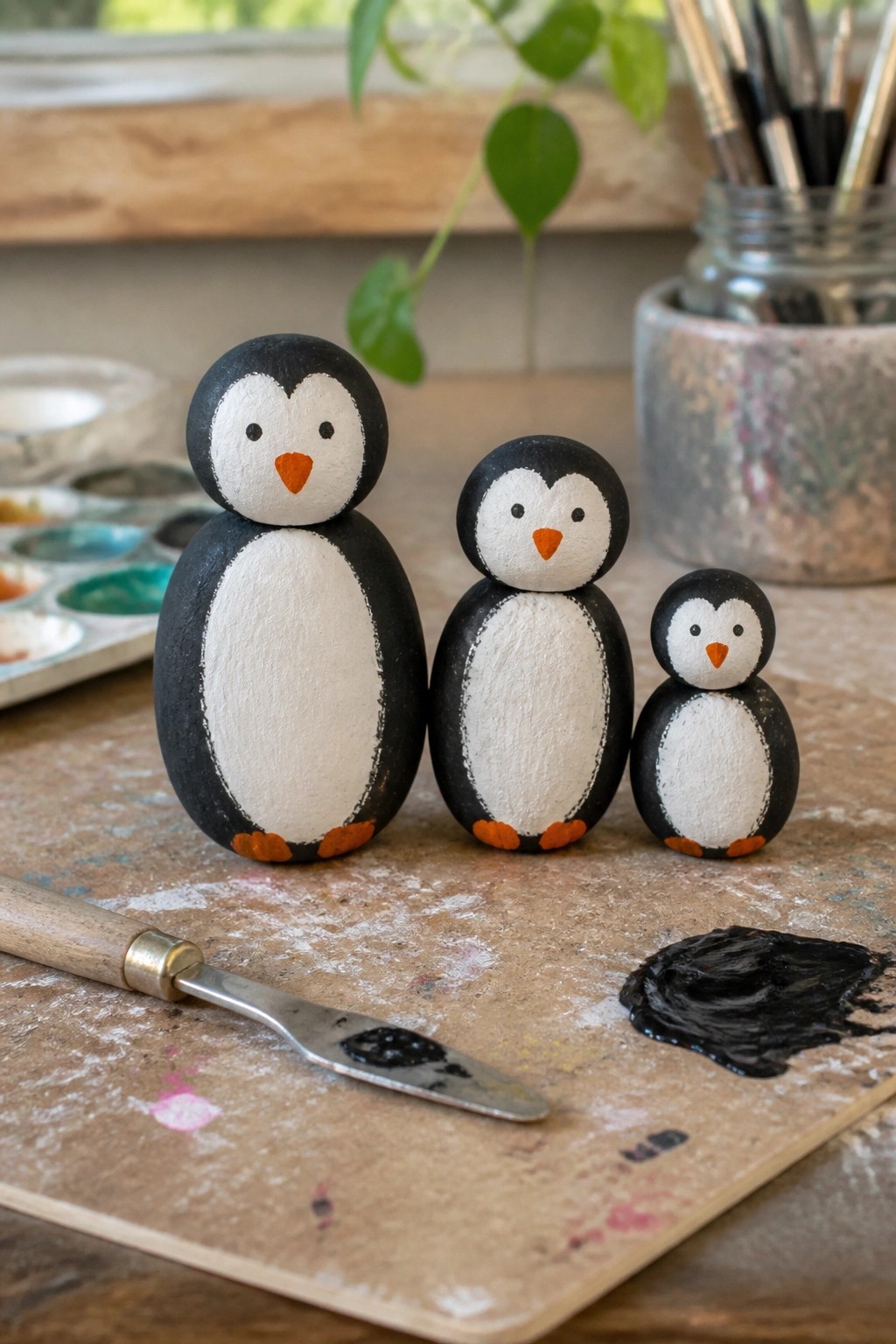 Three black-and-white painted penguins of different sizes beside palette knife and black paint.
