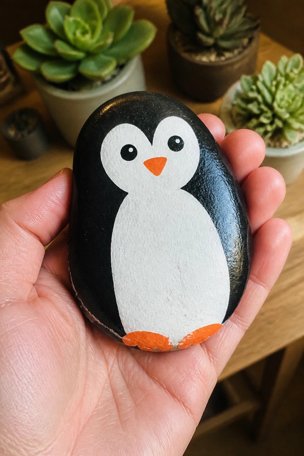 Hand holding black-and-white penguin-painted rock with orange beak and feet amid succulents