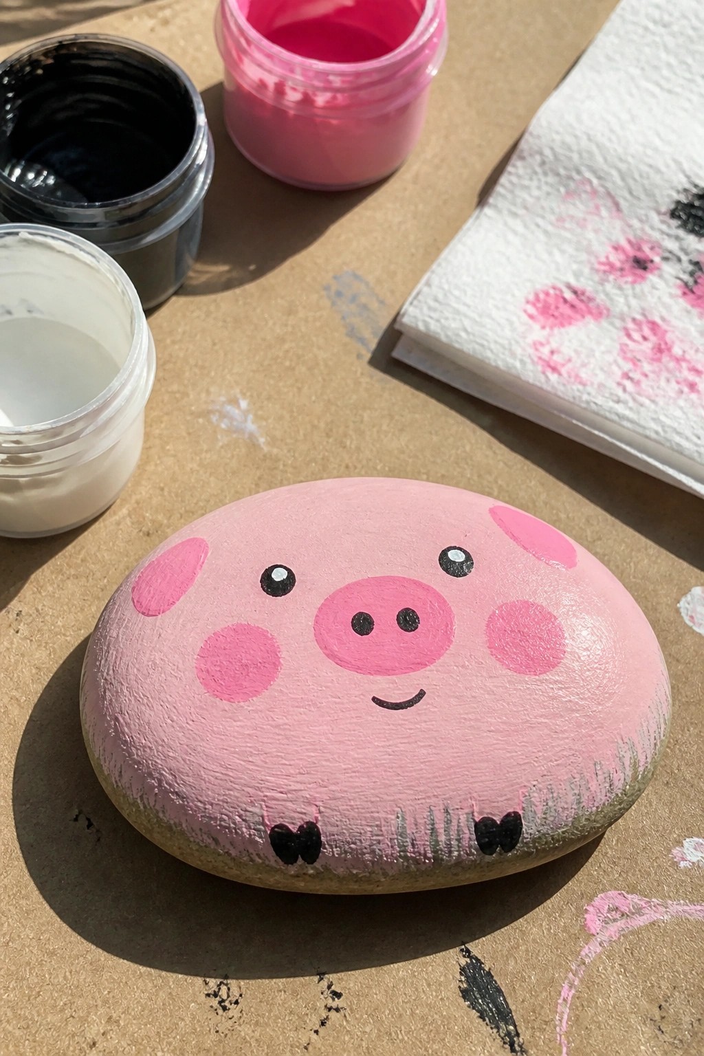 Pink pig painted rock beside black, pink, and white paint jars with stained napkin.