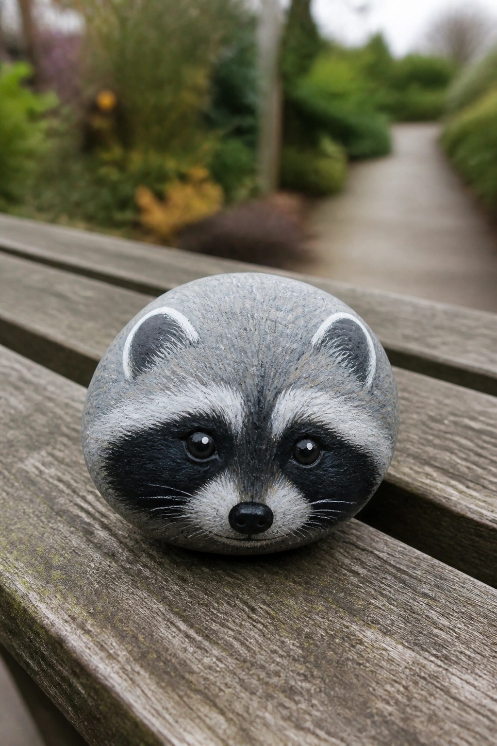 Painted stone with raccoon face on weathered wooden bench slats outdoors