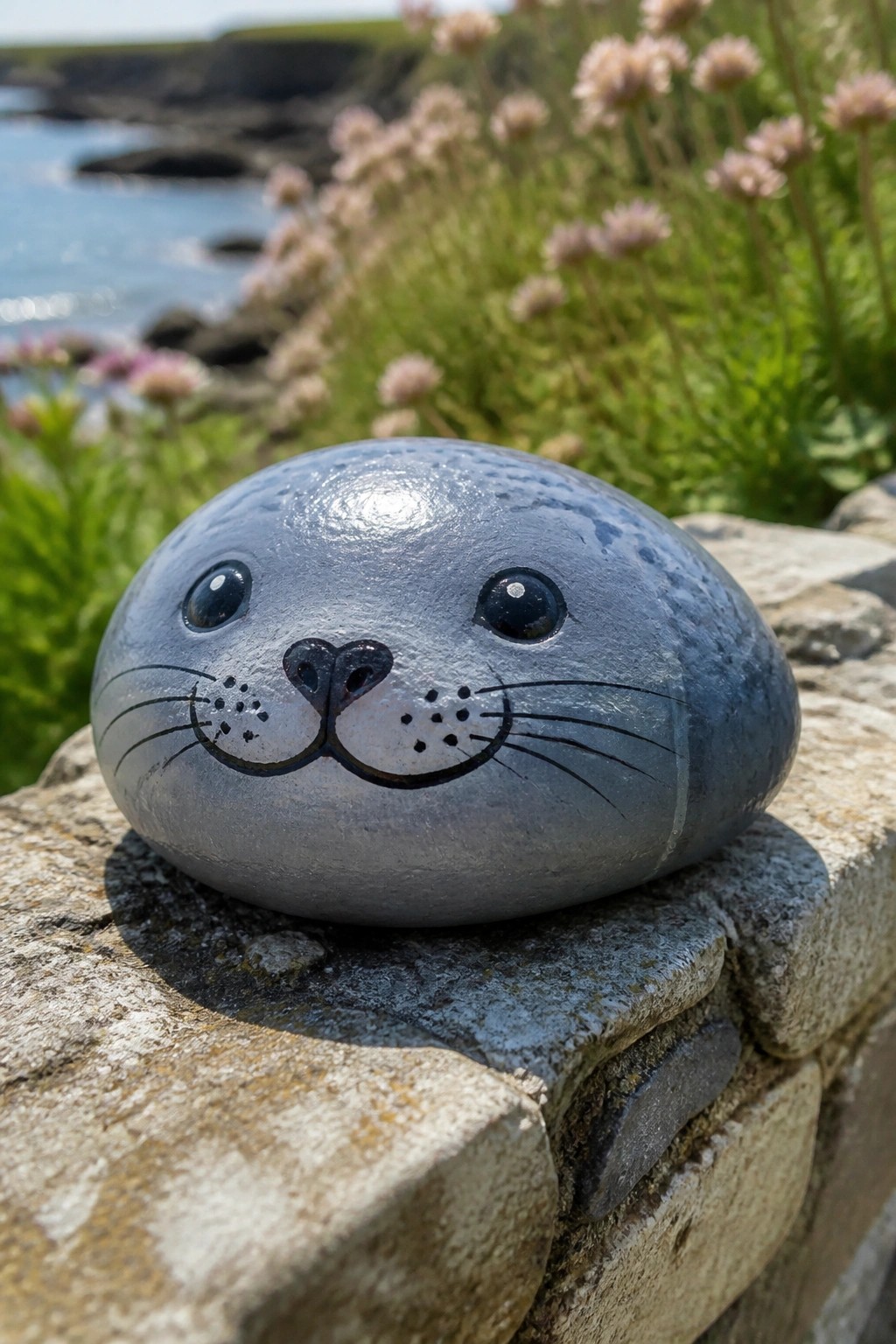 Painted gray stone seal face with whiskers on coastal stone wall by sea and flowers
