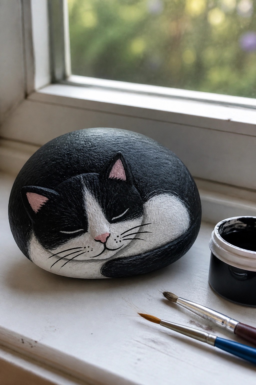 Painted sleeping black-and-white cat rock on windowsill beside paint jar and brushes