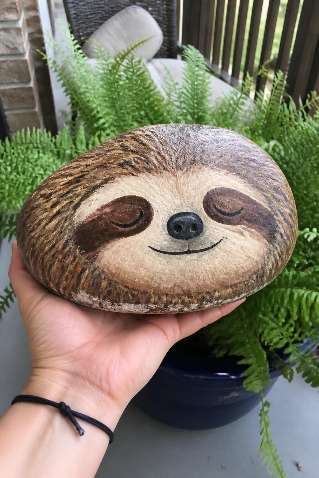Hand holding painted rock with smiling sloth face, closed eyes, brown fur pattern