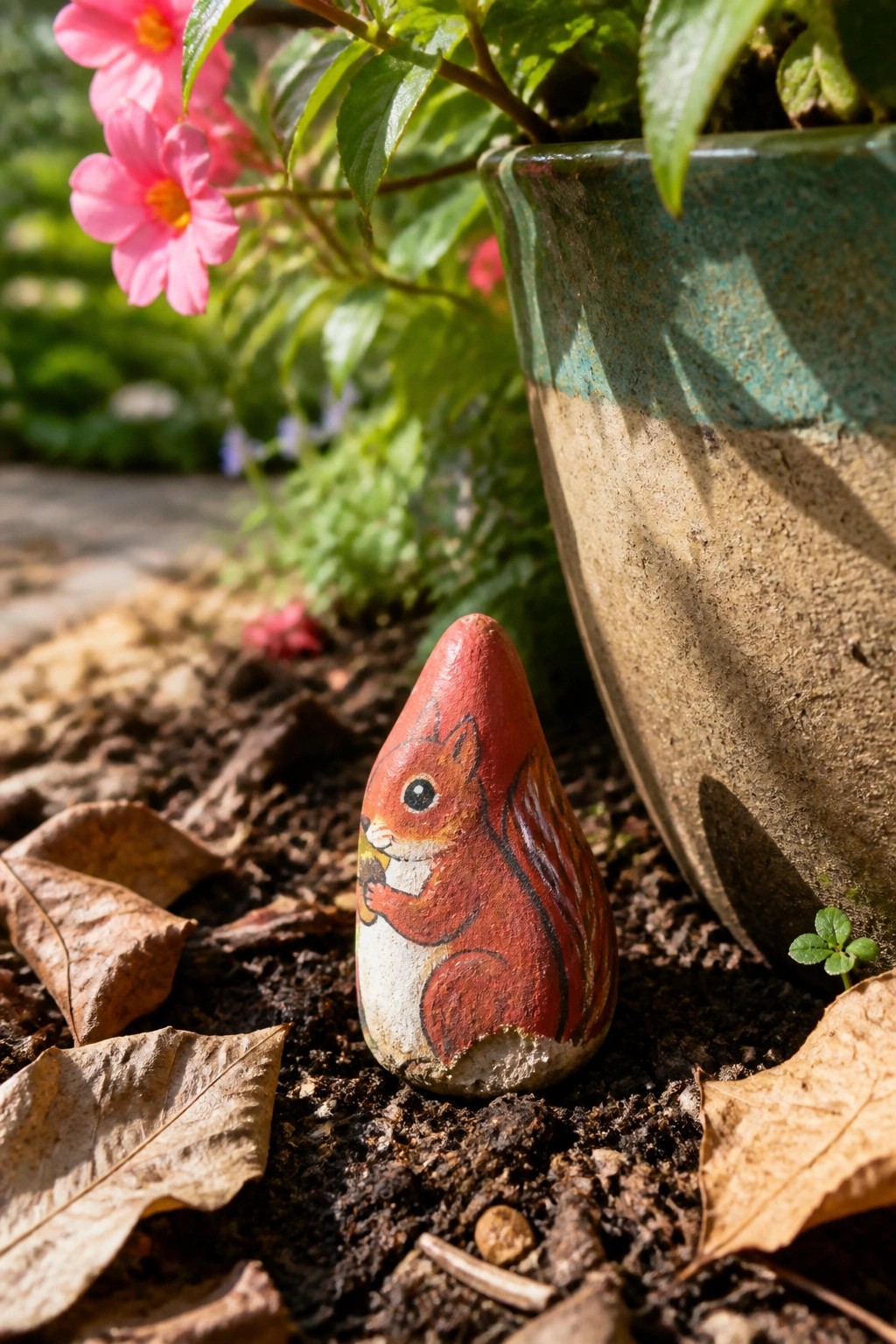 Red squirrel painted on rock amid dry leaves by teal plant pot and pink flowers