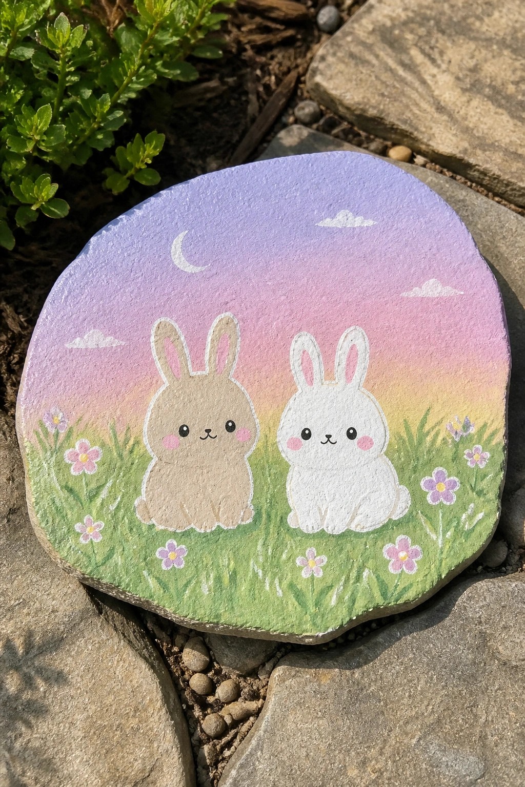 Circular painted rock with tan and white bunnies in flowery grass under purple-pink sky with moon