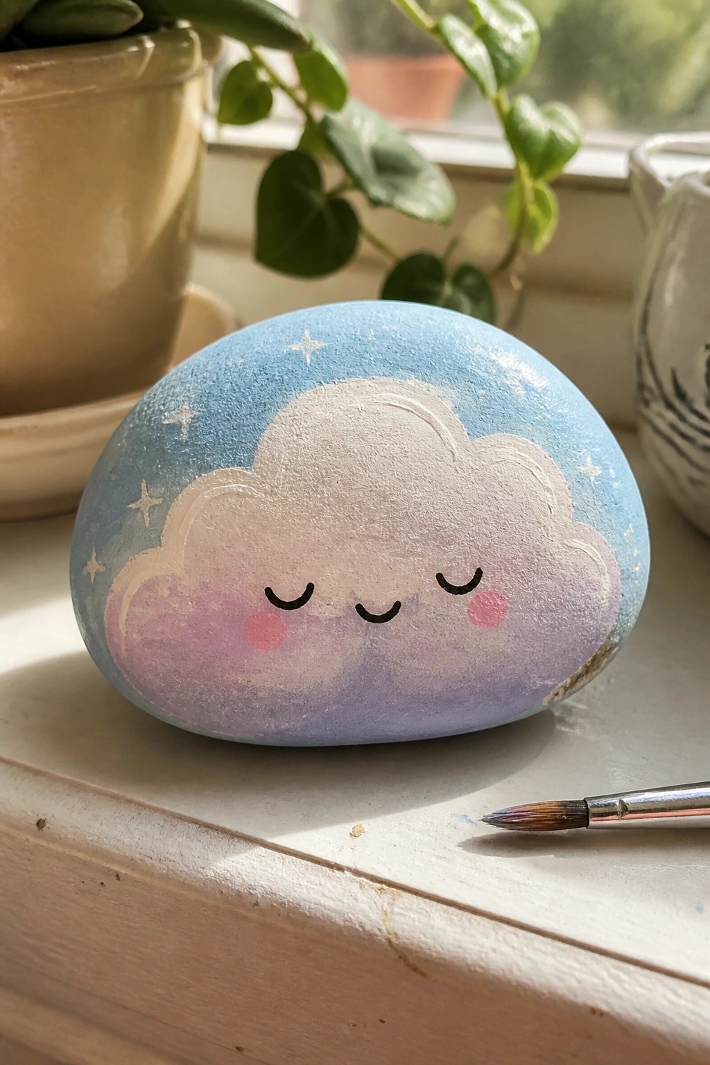 Painted rock with smiling purple cloud face and stars beside paintbrush on windowsill