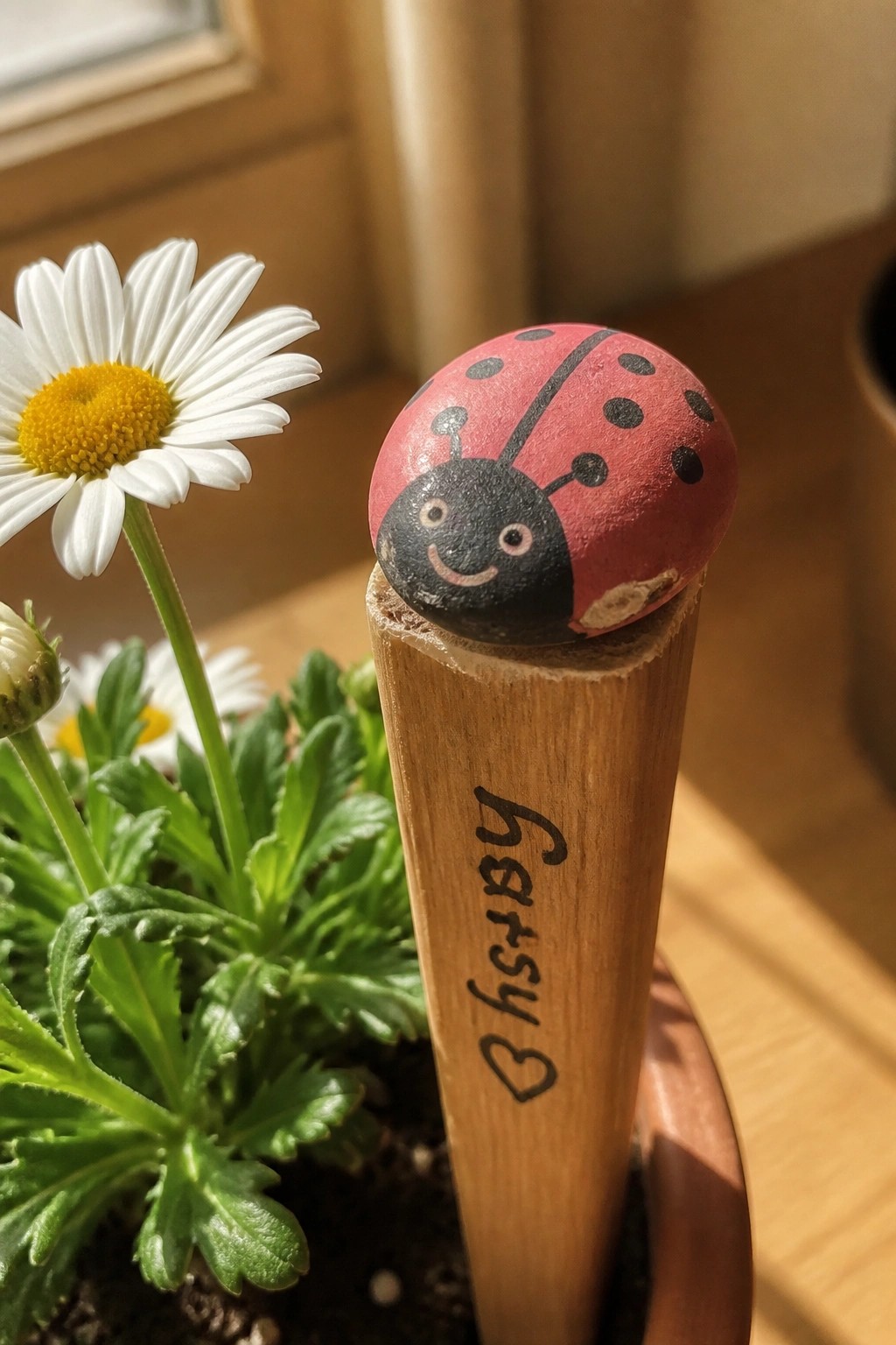 Painted red ladybug atop wooden stake labeled Gatsy in potted daisy plant